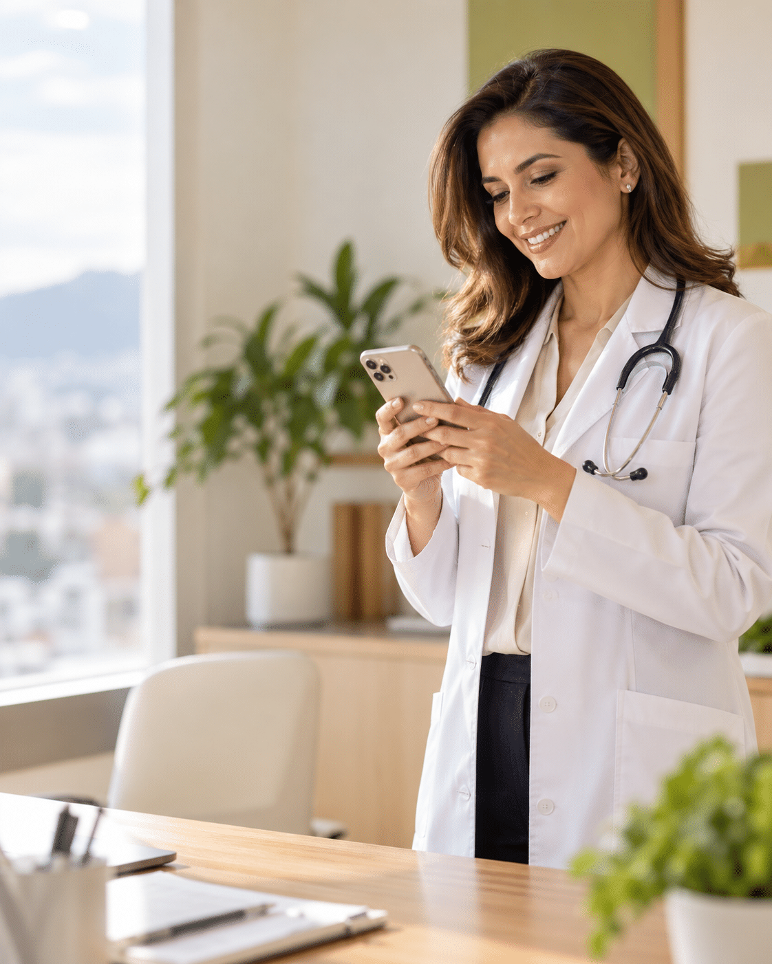 Profesional de la salud gestionando la presencia digital de su consultorio desde el celular